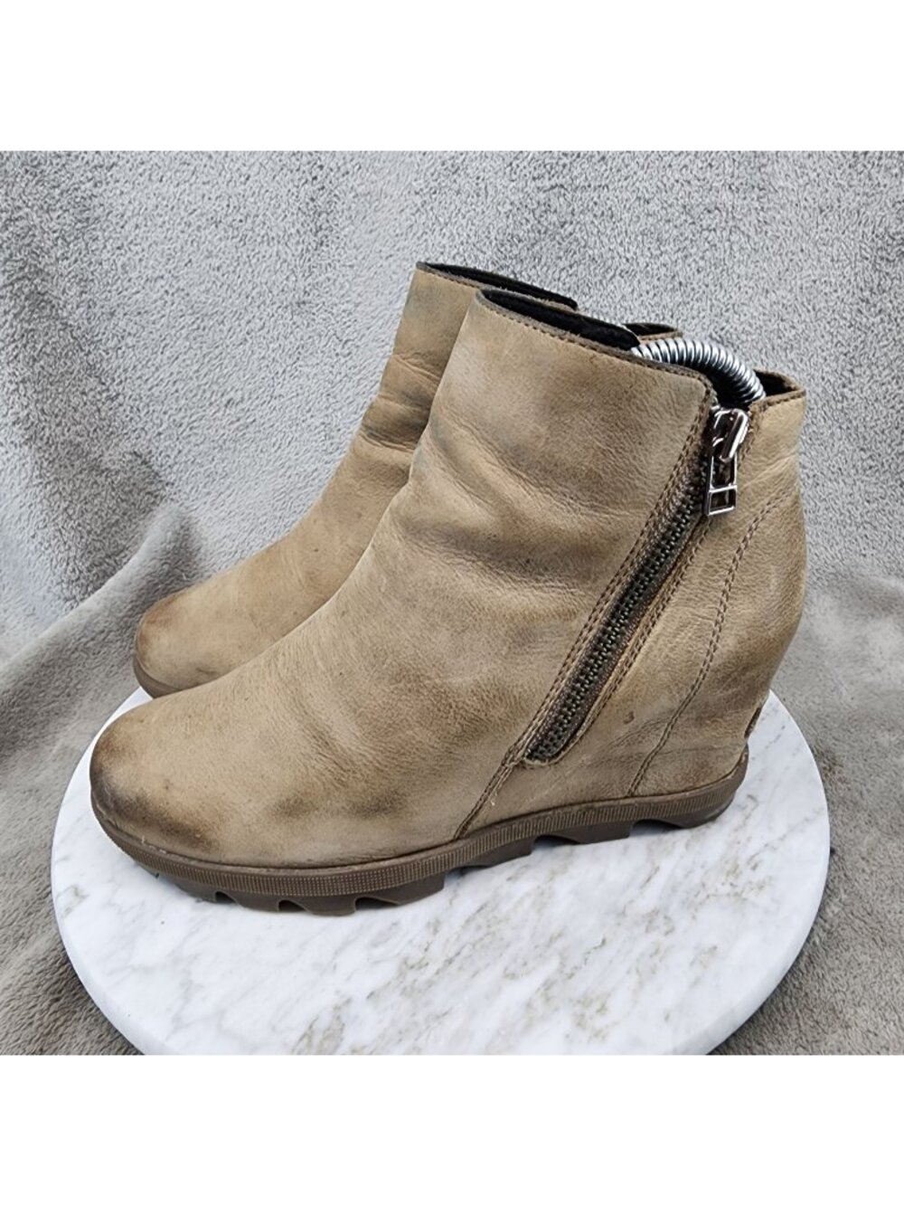 Sorel Shoes Womens Size 7 Brown Leather Side Zip Wedge Ankle Booties *Read*